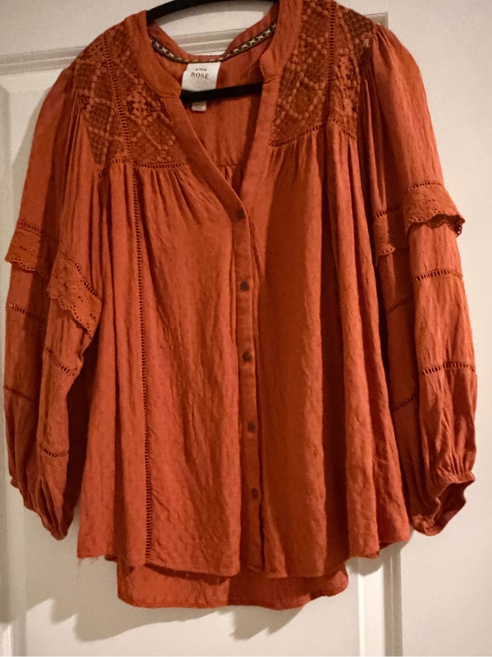 Knox Rose Rust Button-Front Peasant Blouse